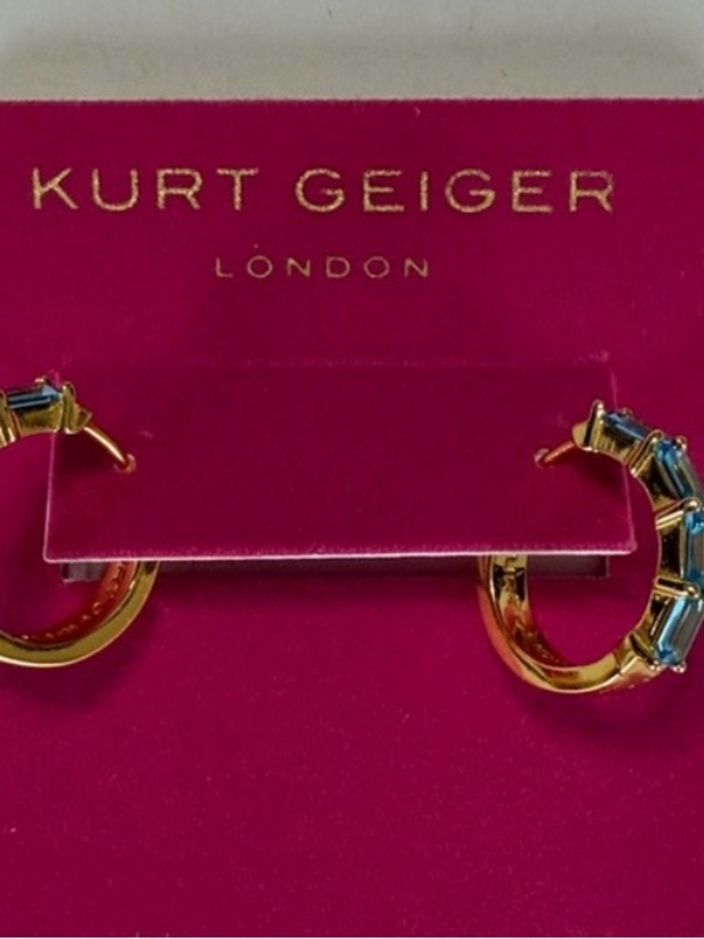 Kurt Geiger Gold Hoop Earrings with Blue Baguette Crystals NWT - Picture 2 of 4
